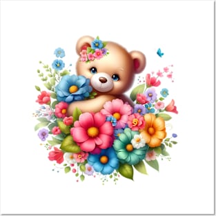 A teddy bear decorated with beautiful colorful flowers. Posters and Art